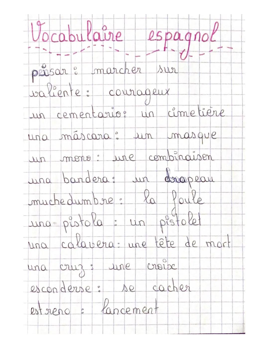 Vocabulaire espagnol

pisar: marcher sur
valiente: courageux

un cementario: un cimetière
una máscara: un masque

un mono: une combinaisen
u