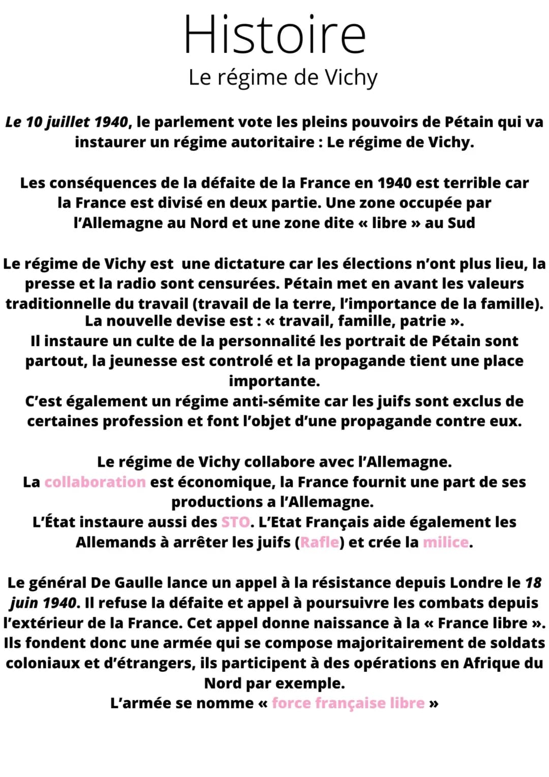 Histoire
Le régime de Vichy
Le 10 juillet 1940, le parlement vote les pleins pouvoirs de Pétain qui va
instaurer un régime autoritaire : Le 