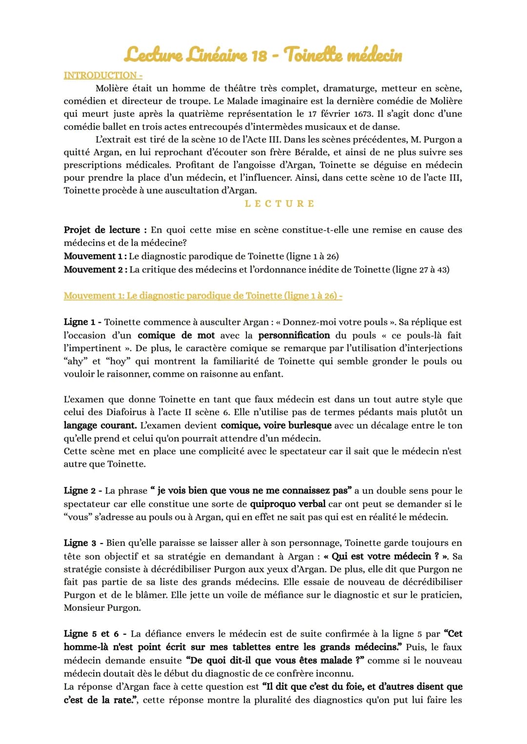 Lecture Linéaire 18 - Toinette médecin
INTRODUCTION -
Molière était un homme de théâtre très complet, dramaturge, metteur en scène,
comédien