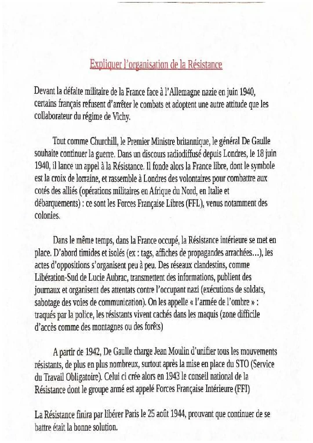 L’organisation de la résistance 