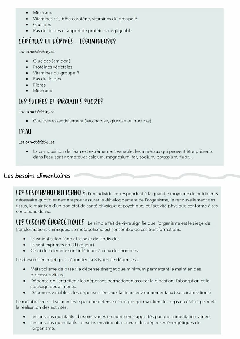 Groupes d'aliments, besoins alimentaires, besoins
nutritionnels et diversité des régimes alimentaires
Les groupes d'aliments
Il y a 7 catégo