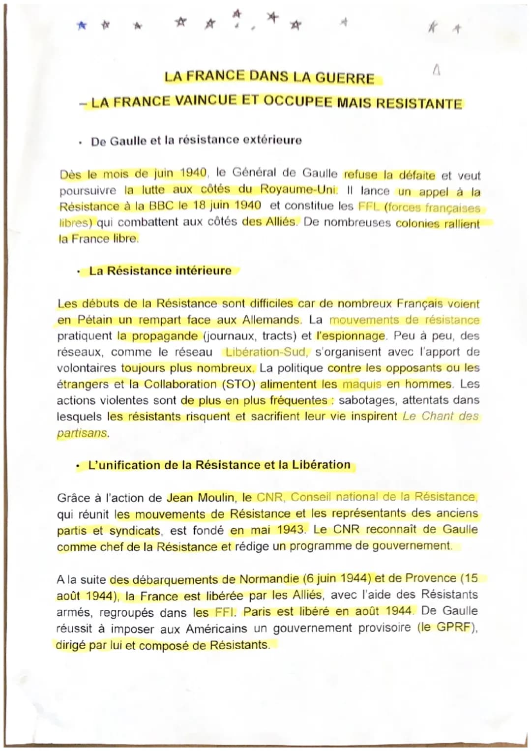 LA FRANCE DANS LA GUERRE
- LA FRANCE VAINCUE ET OCCUPEE MAIS RESISTANTE
A
. De Gaulle et la résistance extérieure
Dès le mois de juin 1940, 
