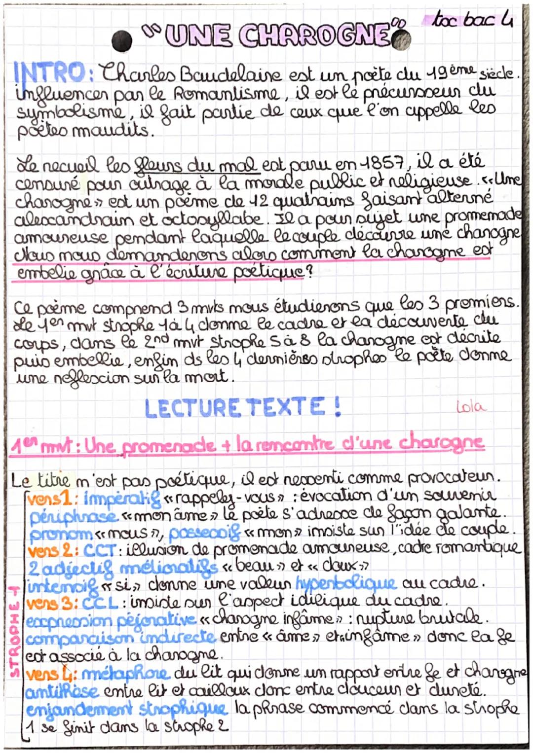 # 300 toc bac 4

"UNE CHAROGNE

INTRO: Charles Baudelaire est un poète clu 19ème siècle.
influencer par le Romantisme, il est le précursseur