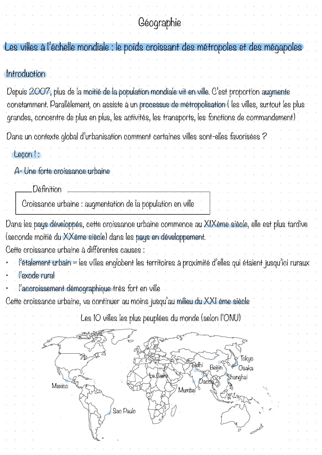 Les villes à l’échelle mondiale : le poids croissant des métropoles et des mégalopoles 