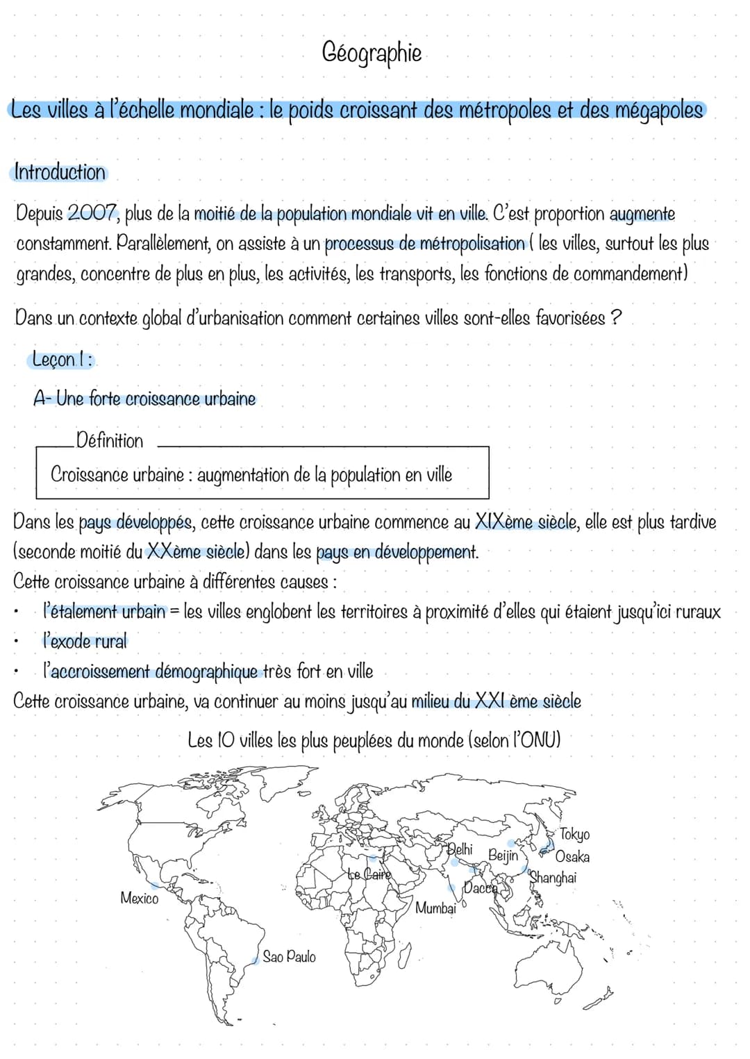 Géographie
Les villes à l'échelle mondiale : le poids croissant des métropoles et des mégapoles
Introduction
Depuis 2007, plus de la moitié 