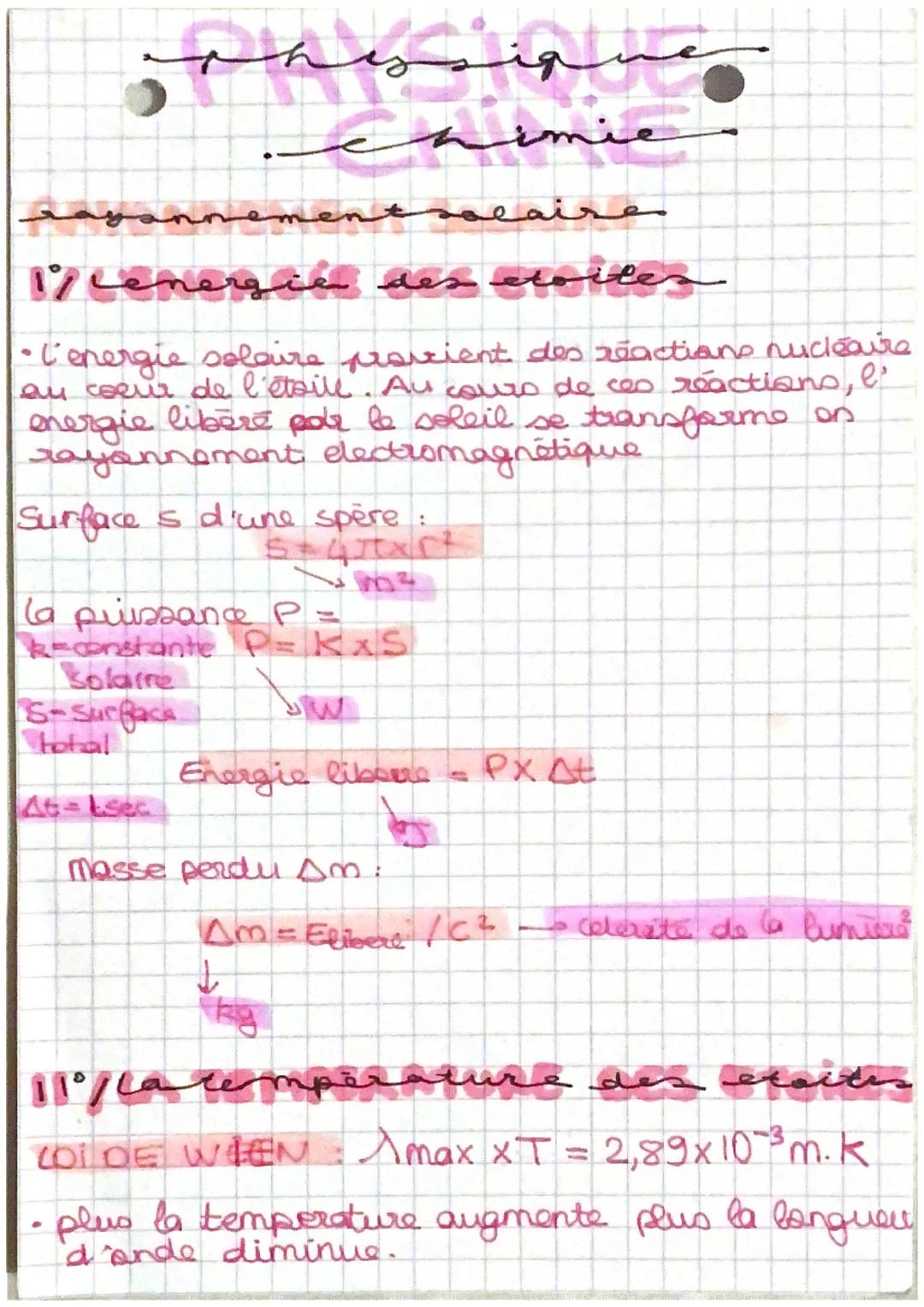 physique
Limie
rayonnement solaire
1/ Lenergie des etoiles
- L'energie solaire provient des réactions nucléaire
au coeur de l'étoile. Au cou