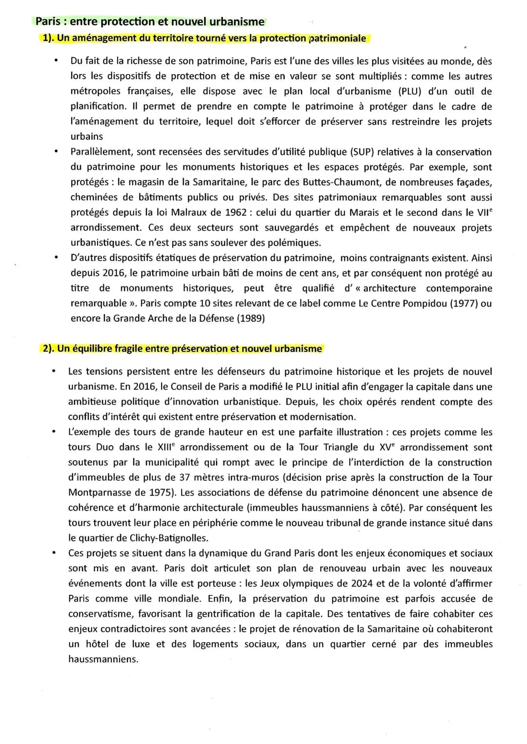 Paris : entre protection et nouvel urbanisme
1). Un aménagement du territoire tourné vers la protection patrimoniale
●
●
●
Du fait de la ric