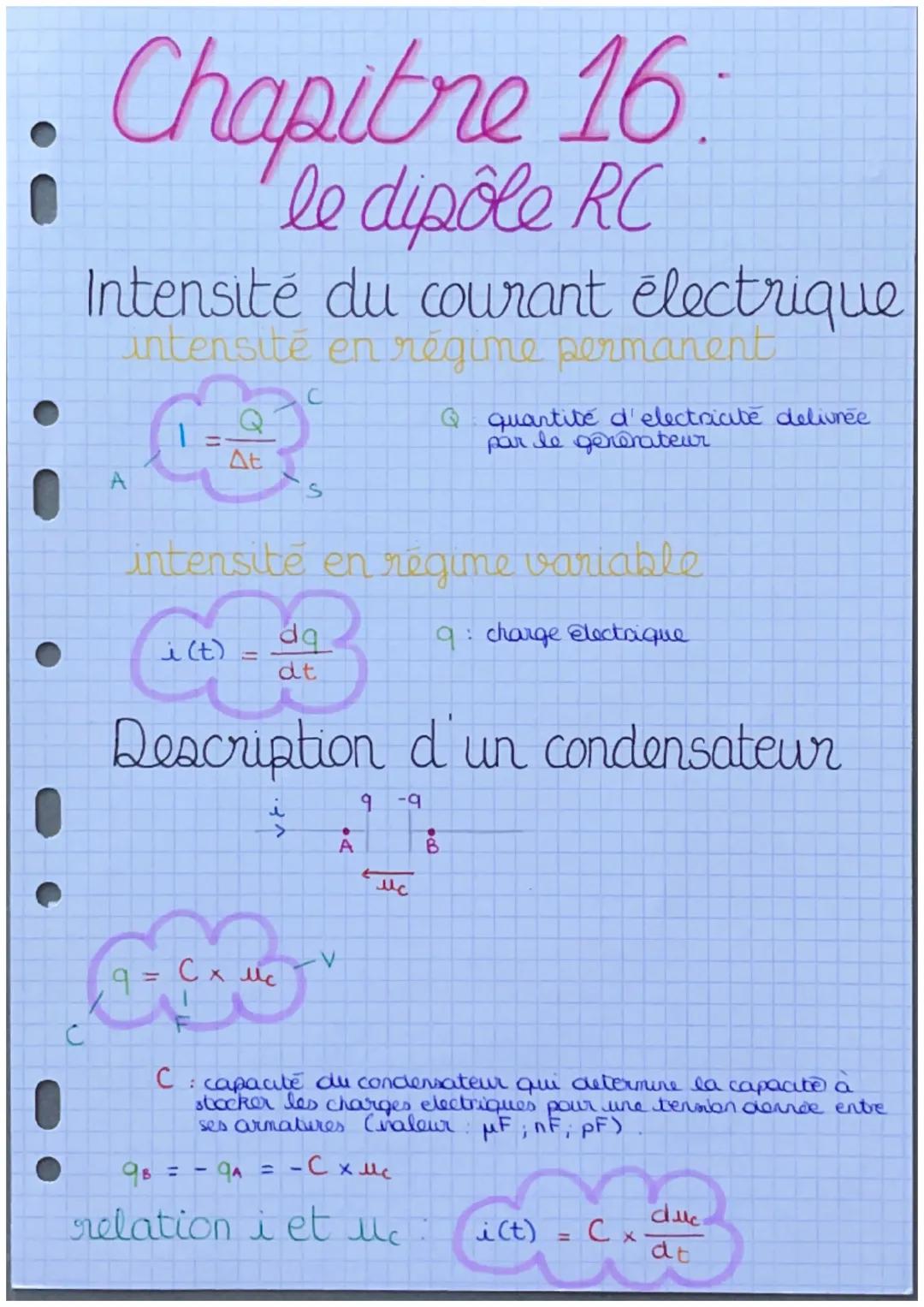 # Chapitre 16:
le dipôle RC
Intensité du courant électrique
intensité en régime permanent
C

I = $\frac{Q}{Δε}$

A
S

Q quantité d'electriat