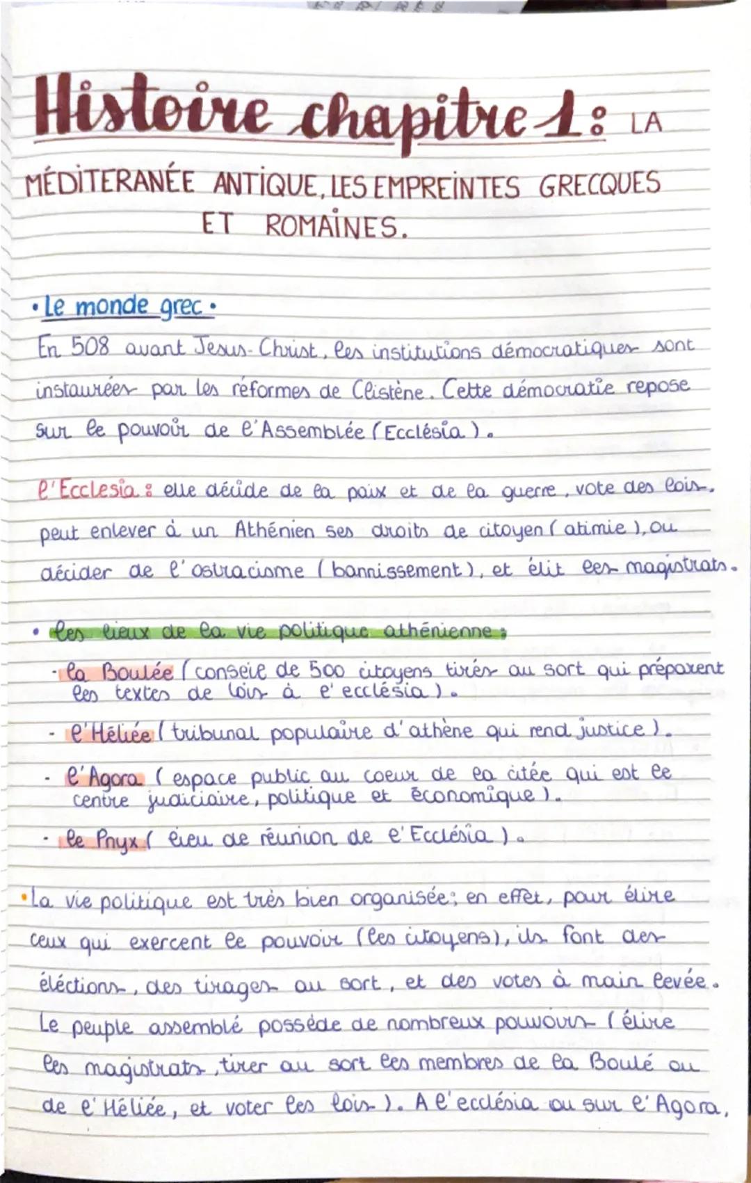 --- OCR Start ---
Histoire chapitre 1: LA
MÉDITERANÉE ANTIQUE, LES EMPREINTES GRECQUES
ET ROMAINES.
• Le monde grec.
En 508 avant Jesus-Chri
