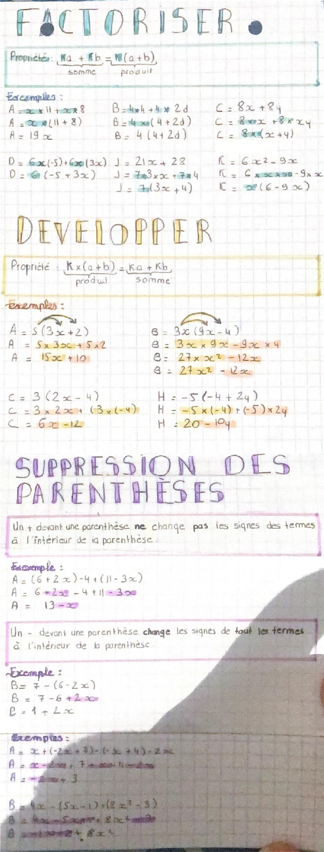 # FACTORISER

Propriété: $\frac{Ka + Kb}{somme} = m(a+b)$ 
produit

Exemples:
A = $x \times 11 + x \times 8$
A = $x(11+8)$
A = $19x$
B = $4x