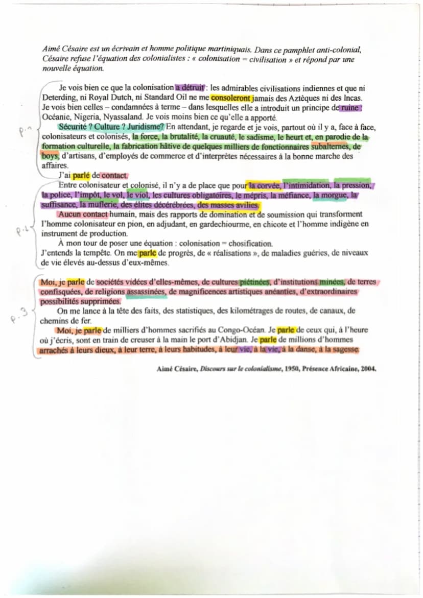 le colonialisme
1. Intro
Aimé Césaire écrit en 1950 un discours sur le colonialisme
pour dénoncer tous les actes de violence et de barbarie 