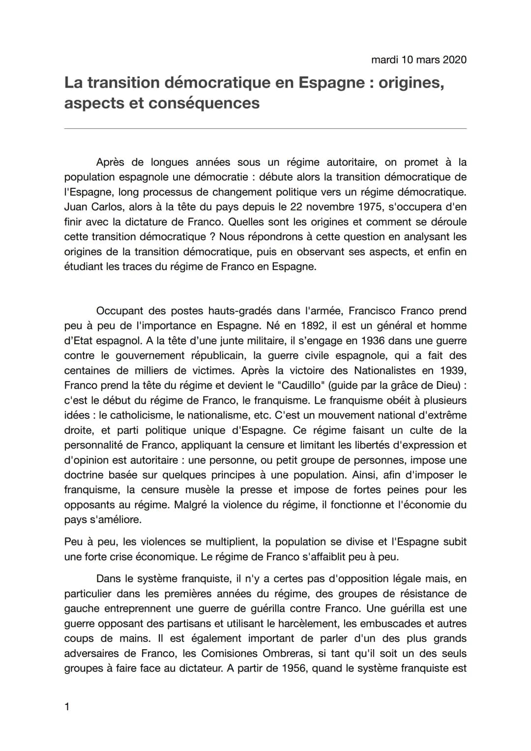 mardi 10 mars 2020
La transition démocratique en Espagne : origines,
aspects et conséquences
Après de longues années sous un régime autorita