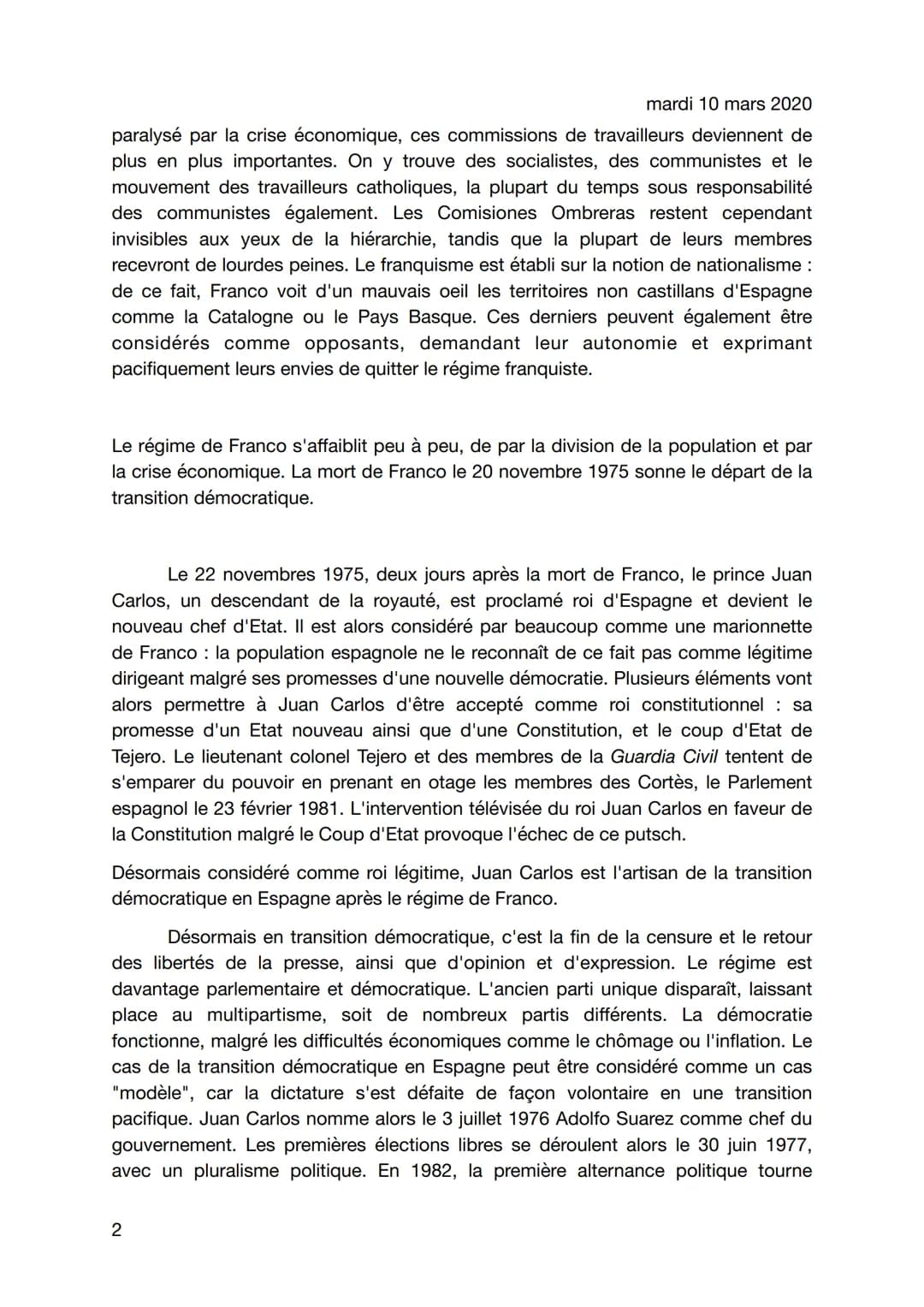 mardi 10 mars 2020
La transition démocratique en Espagne : origines,
aspects et conséquences
Après de longues années sous un régime autorita