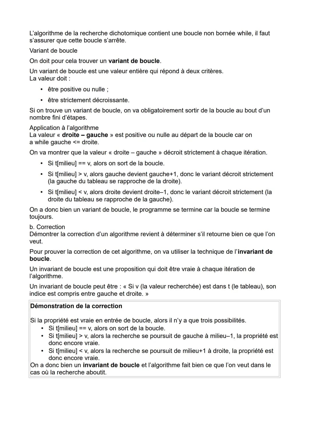 1. L'algorithme de recherche dichotomique
a. Principe
La recherche dichotomique est un algorithme de recherche qui permet de déterminer la
p