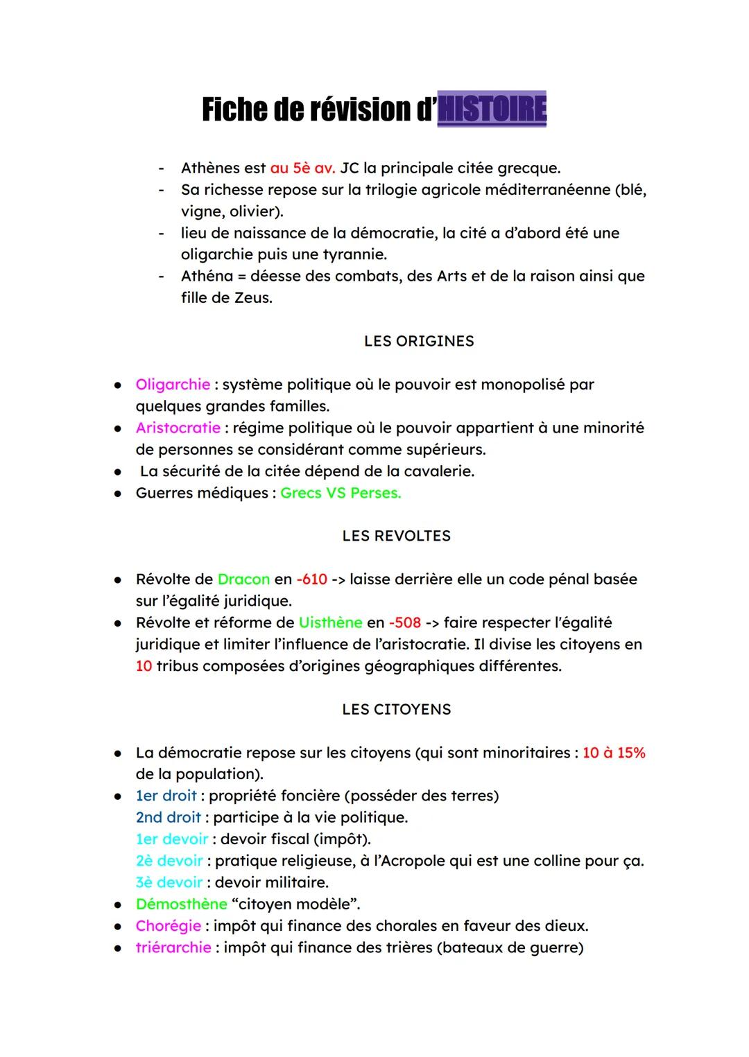 Fiche de révision d'HISTOIRE
Athènes est au 5è av. JC la principale citée grecque.
Sa richesse repose sur la trilogie agricole méditerranéen