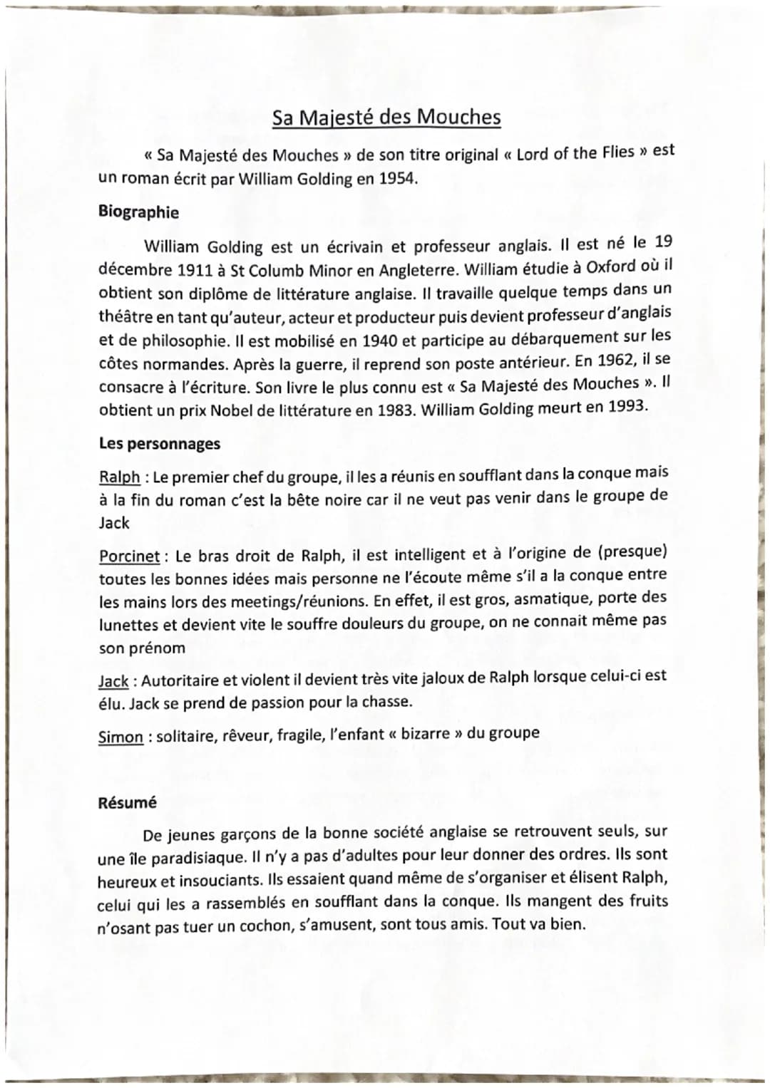 Sa Majesté des Mouches
<< Sa Majesté des Mouches » de son titre original « Lord of the Flies » est
un roman écrit par William Golding en 195