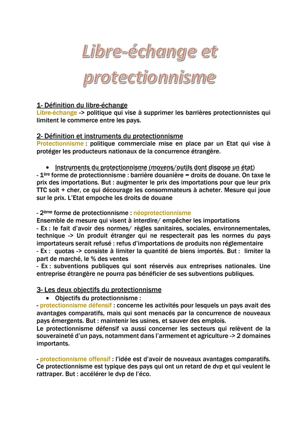 Libre-échange et
protectionnisme
1- Définition du libre-échange
Libre-échange -> politique qui vise à supprimer les barrières protectionnist