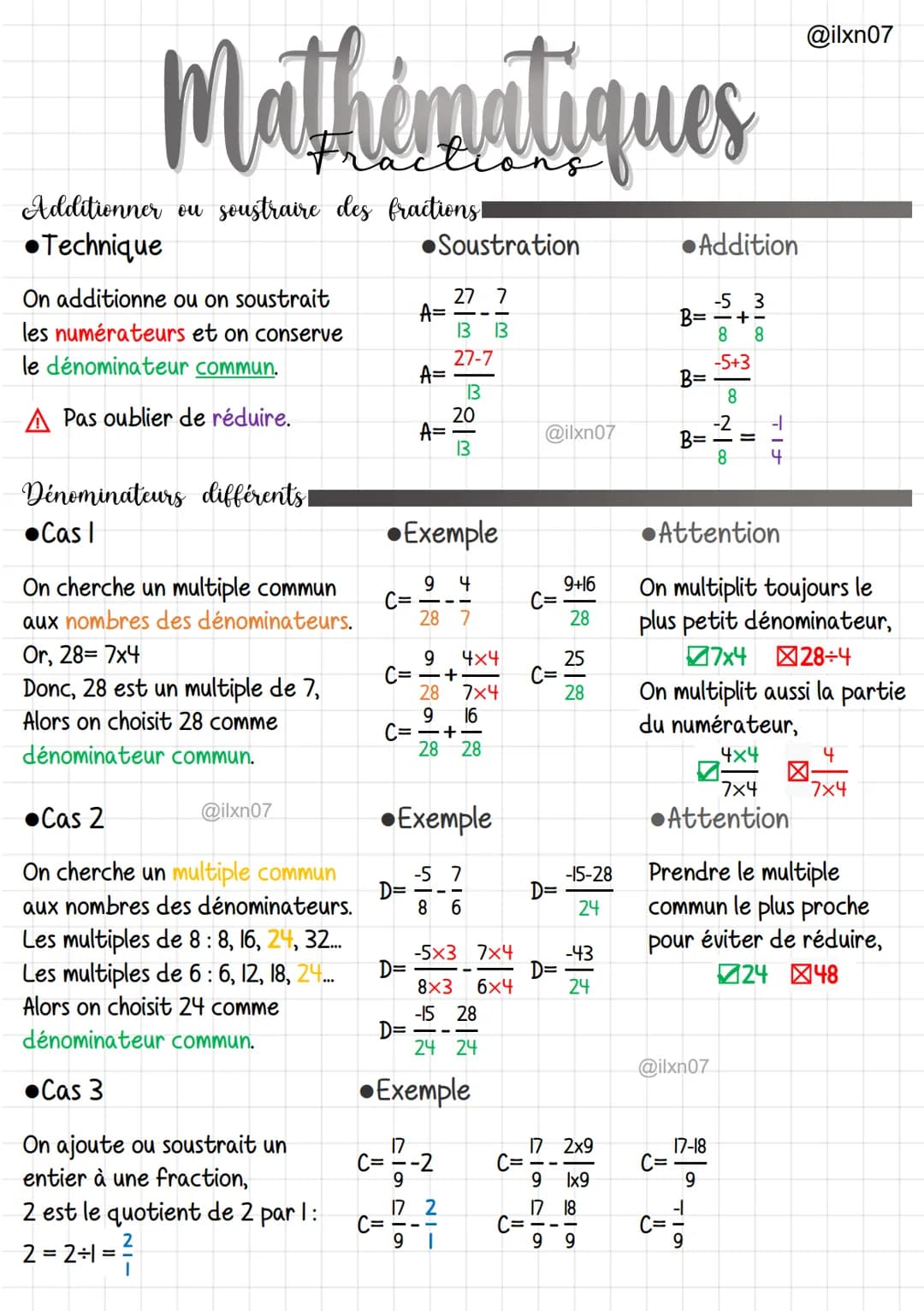 Mathématiques
actions
Additionner ou soustraire des fractions!
•Technique
On additionne ou on soustrait
les numérateurs et on conserve
le dé