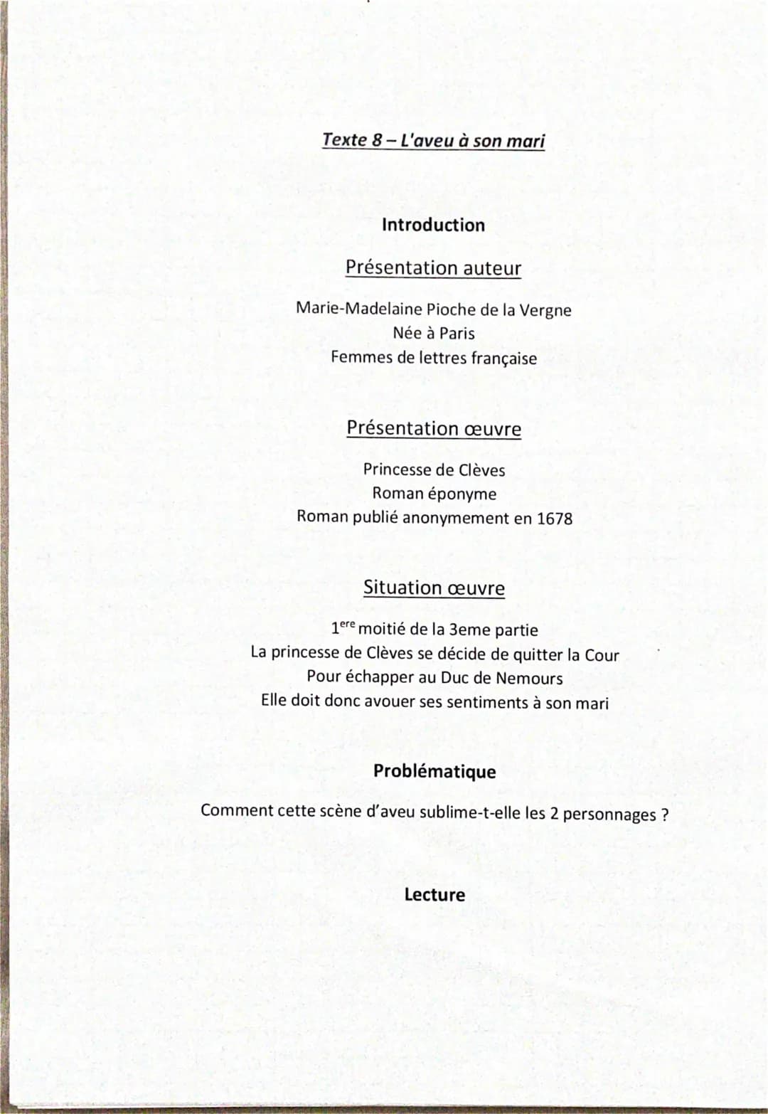 Texte 8-L'aveu à son mari
Introduction
Présentation auteur
Marie-Madelaine Pioche de la Vergne
Née à Paris
Femmes de lettres française
Prése