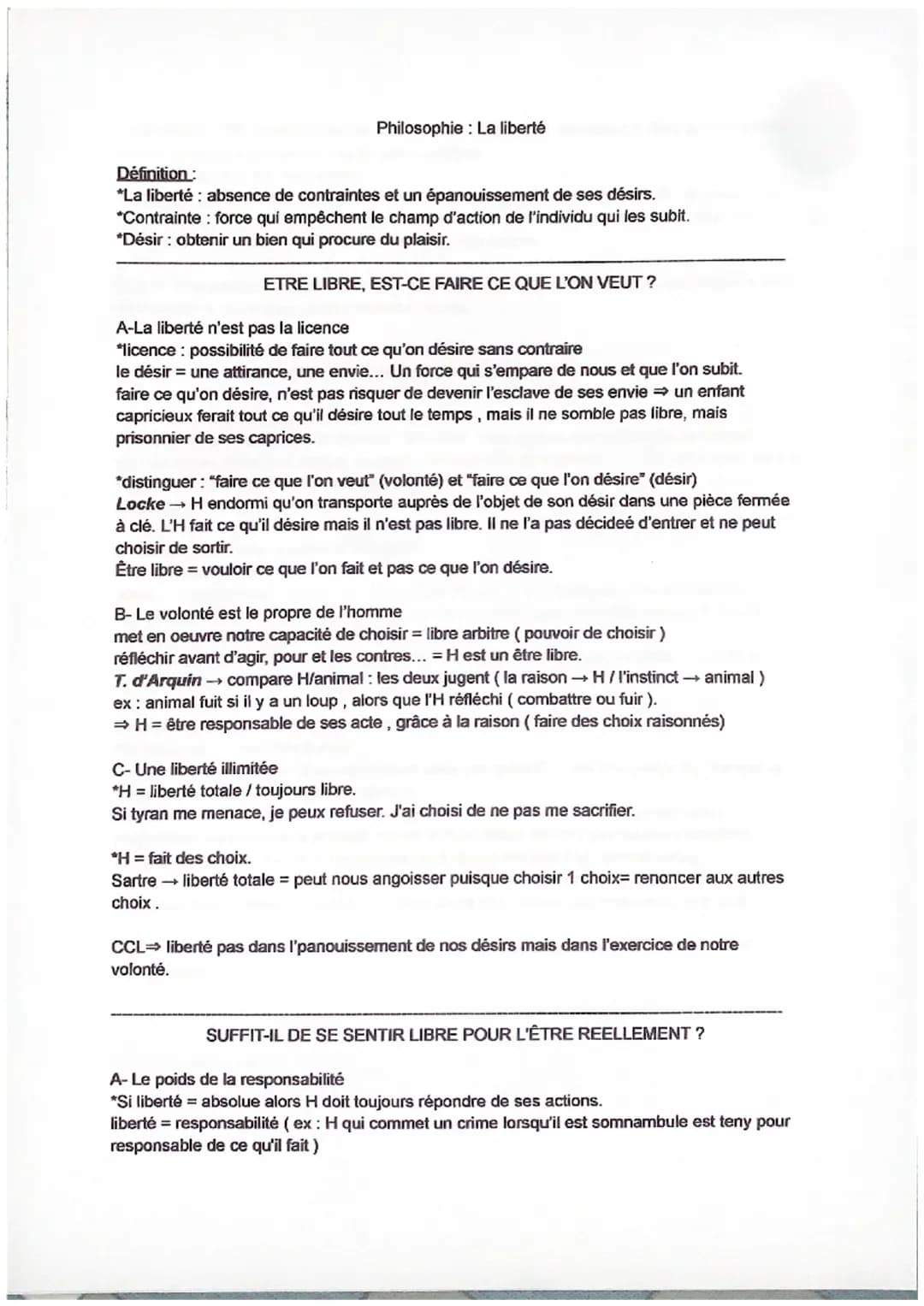 Philosophie : La liberté
Définition:
*La liberté : absence de contraintes et un épanouissement de ses désirs.
*Contrainte : force qui empêch