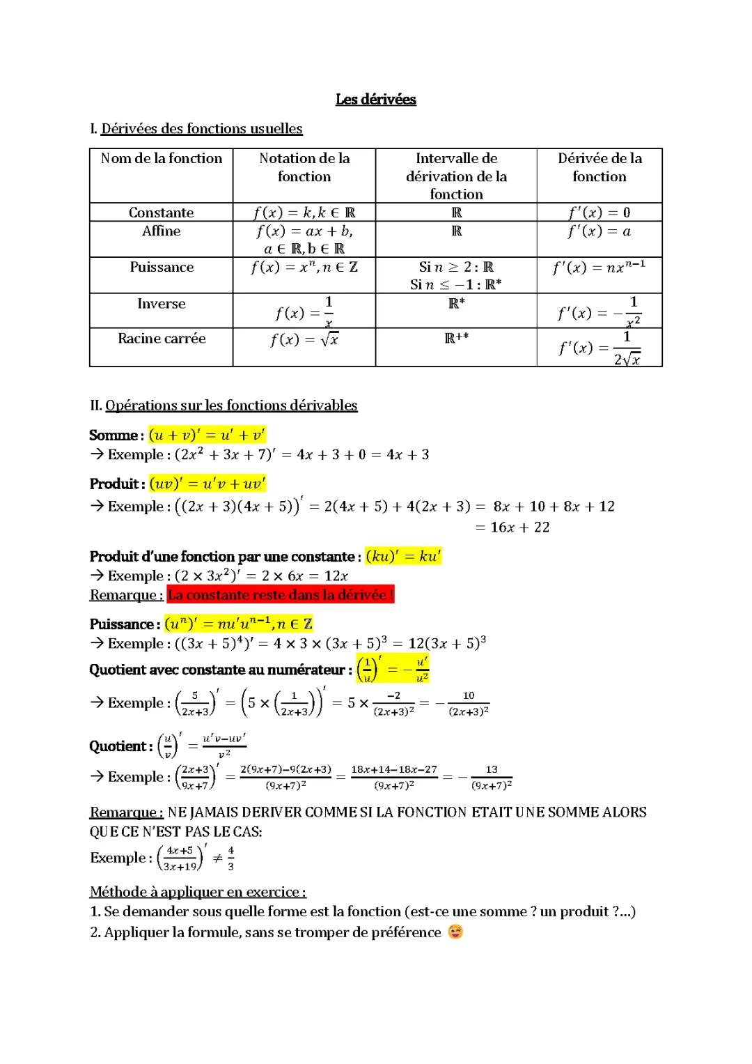 Formules de dérivées