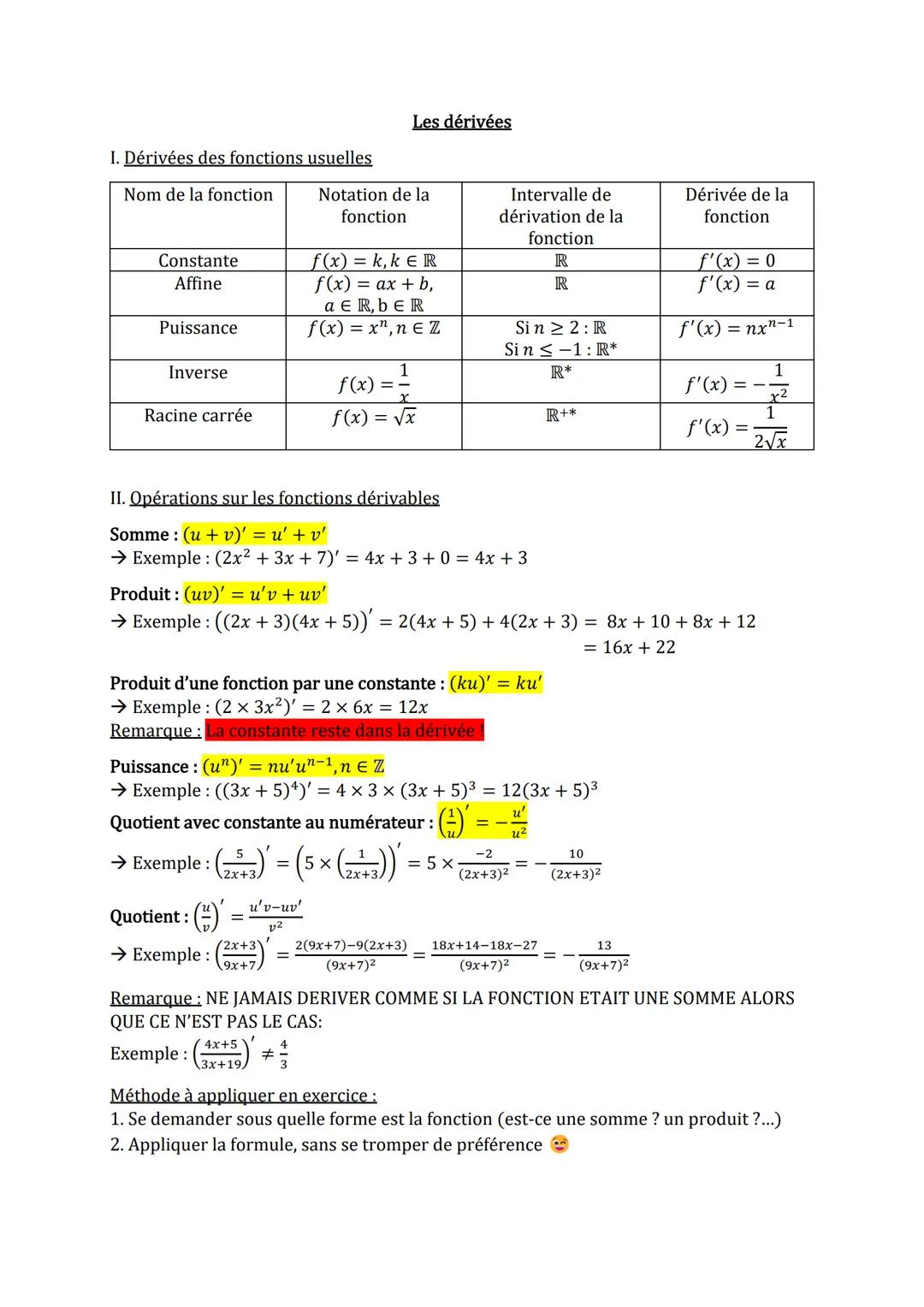 I. Dérivées des fonctions usuelles
Nom de la fonction
Constante
Affine
Puissance
Inverse
Racine carrée
Quotient : ()
→ Exemple :
=
Notation 