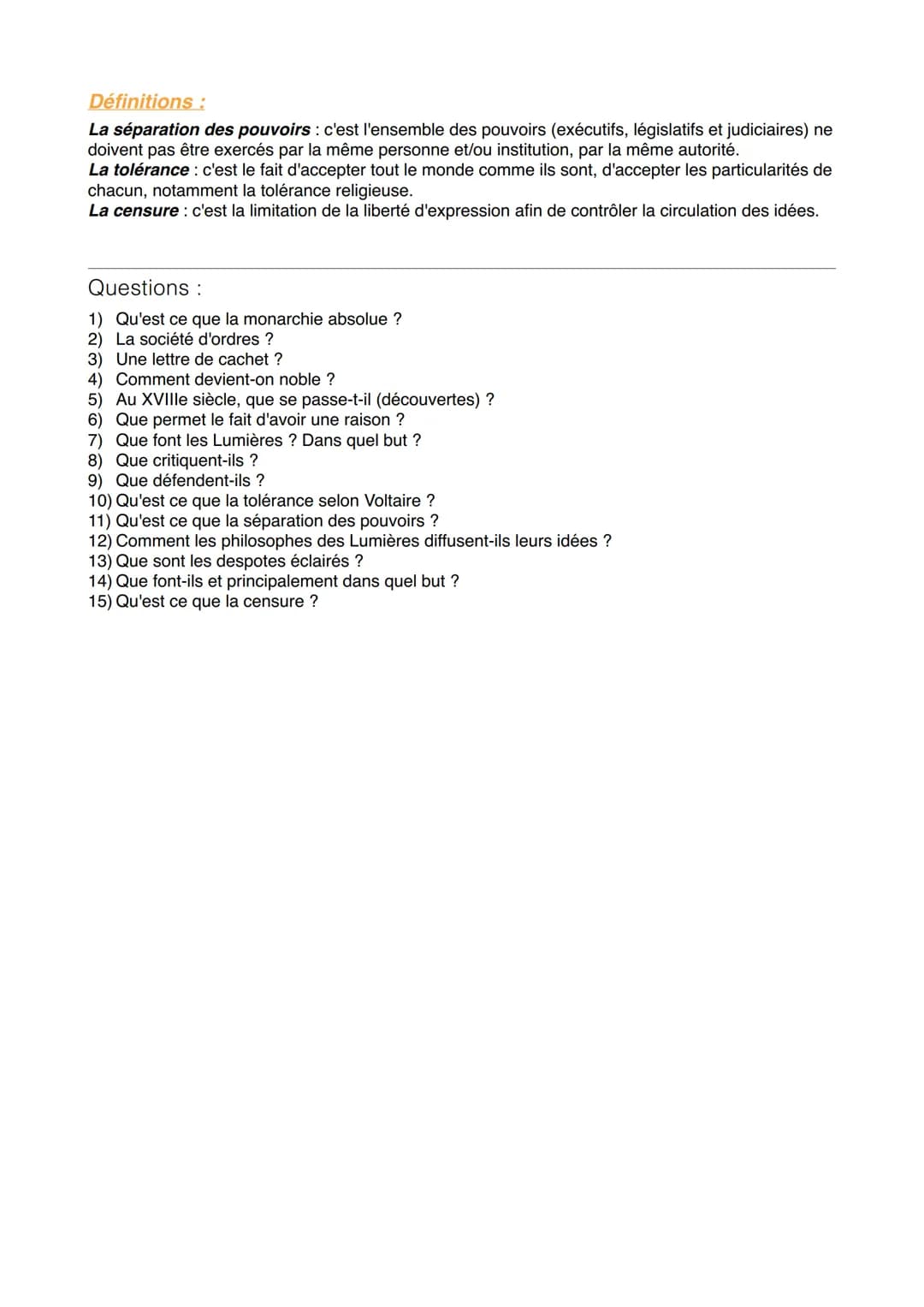 Fiche de révision DS d'Histoire 4e
L'Europe des Lumières
Introduction :
La monarchie absolue de droits divins
- Le roi a (presque) tous les 