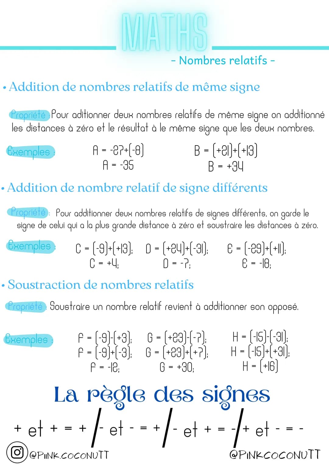 - Nombres relatifs -
. Addition de nombres relatifs de même signe
Propriété Pour aditionner deux nombres relatifs de même signe on additionn
