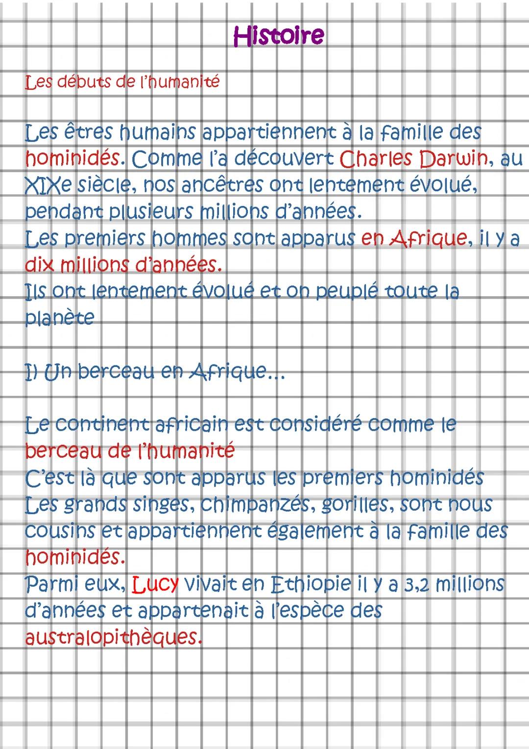 Fiche de révision les débuts de l'humanité
