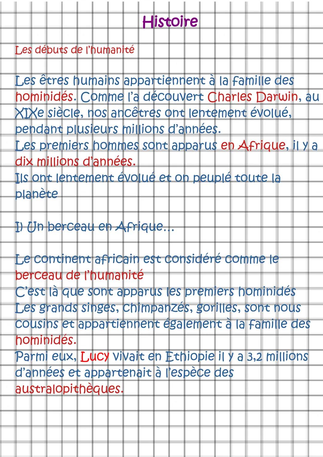 Les débuts de l'humanité
Histoire
Les êtres humains appartiennent à la famille des
hominidés. Comme l'a découvert Charles Darwin, au
XIXe si