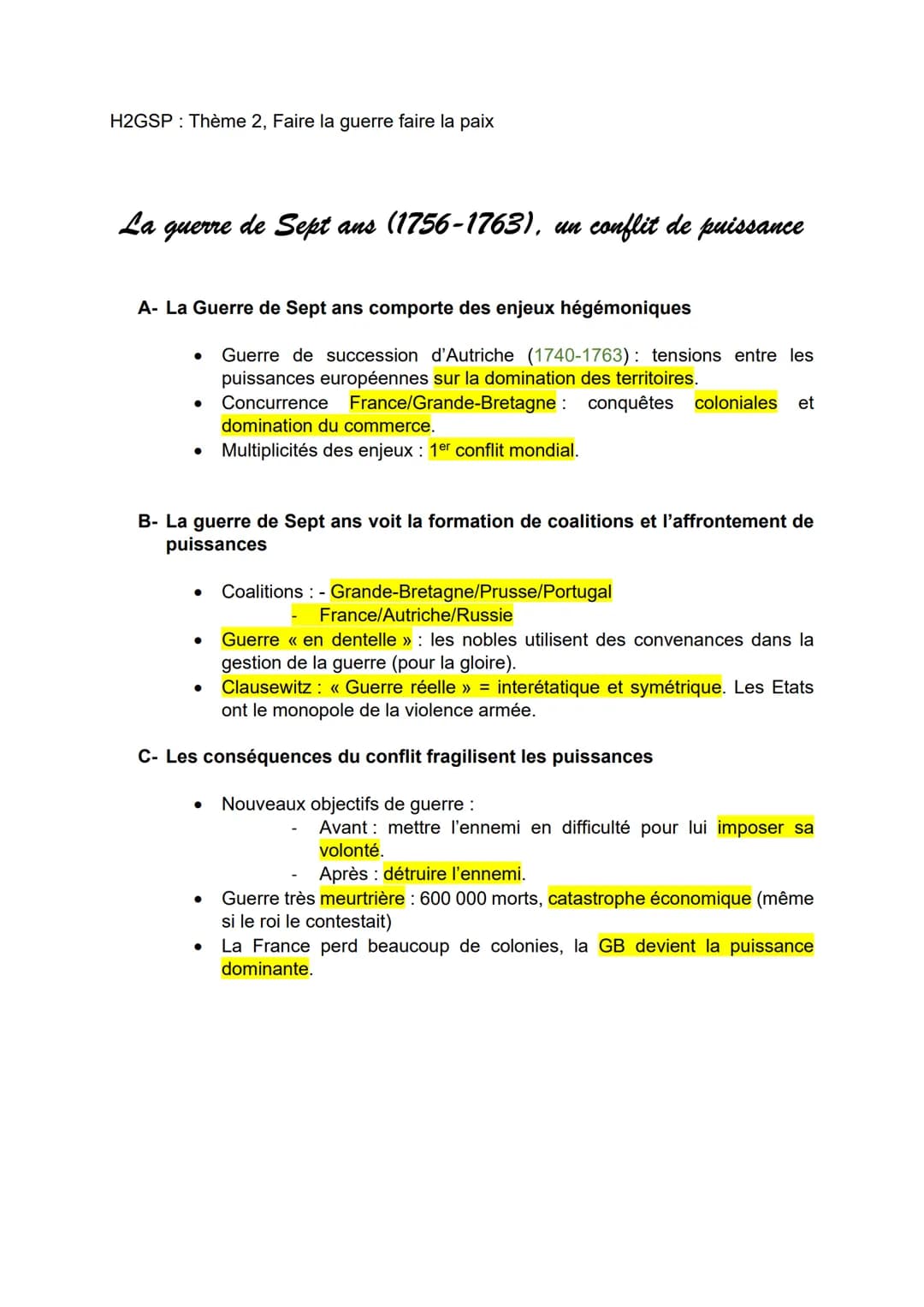 H2GSP: Thème 2, Faire la guerre faire la paix
La
guerre de Sept ans (1756-1763), un conflit de puissance
A- La Guerre de Sept ans comporte d