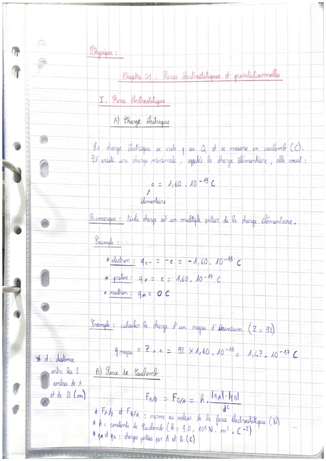 * di distance
entre les 2
centres de A
et de B (m)
Thussiques
Chapitre 01 Porces électradatiques of prositationnelles
I. Fora Electrostatiqu