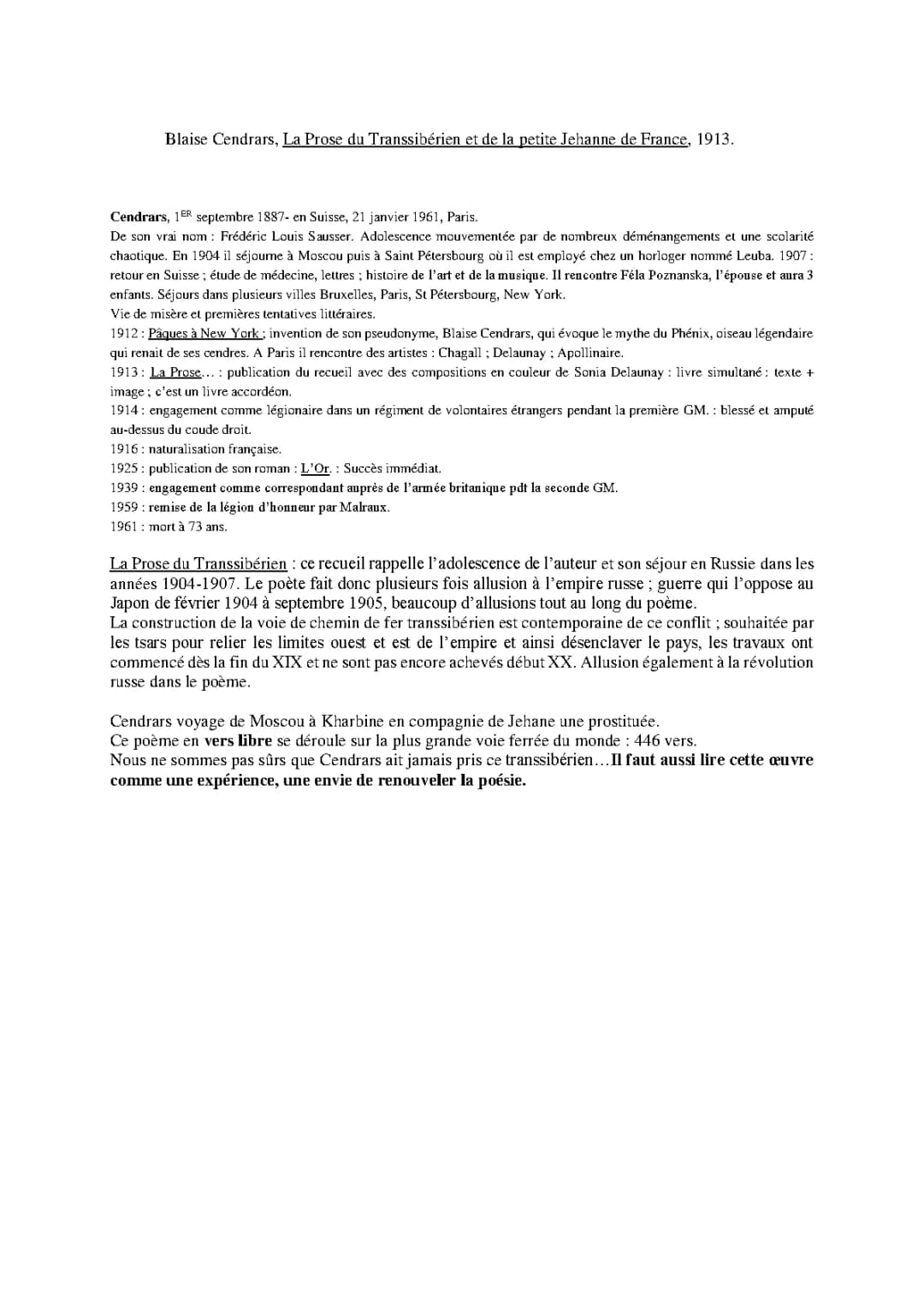 Biographie courte de Blaise Cendrars pour le bac : famille, œuvres, et plus