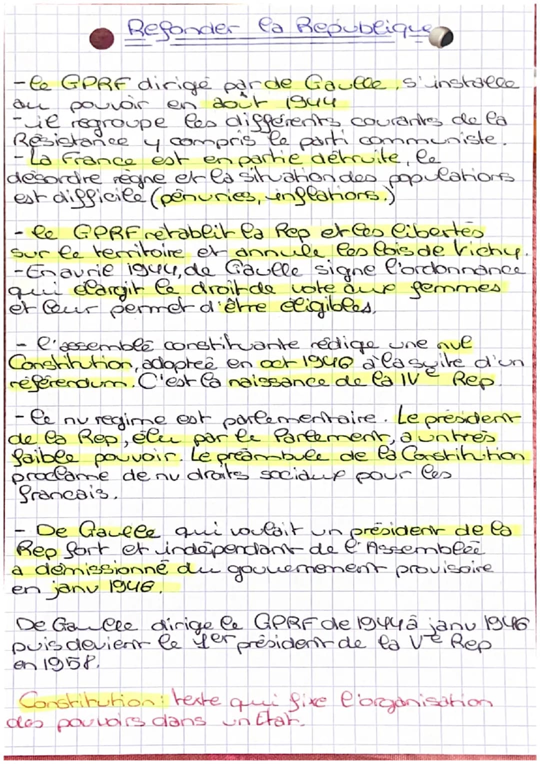 Refonder la Republique
-le GPRF dirigé parde Gaulle s'installe
au pouvoir en août 1944
-Je regroupe les différents courants de la
Resistance