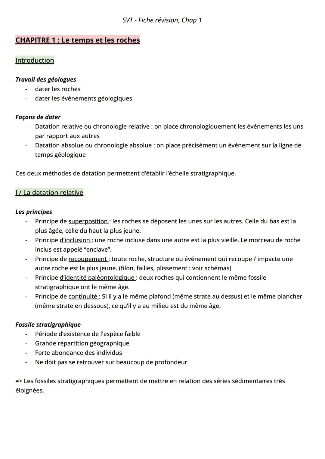 SVT-Fiche révision, Chap 1
CHAPITRE 1 : Le temps et les roches
Introduction
Travail des géologues
dater les roches
dater les événements géol