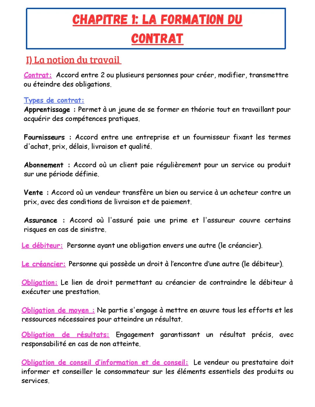 Chapitre 1: La formation du contrat (Droit)