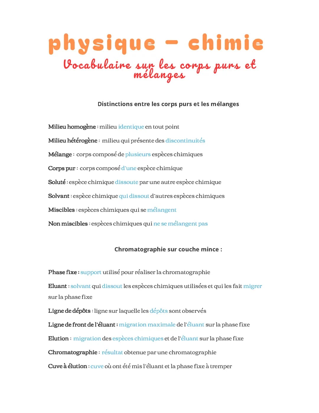 Corps purs et mélanges - Vocabulaire