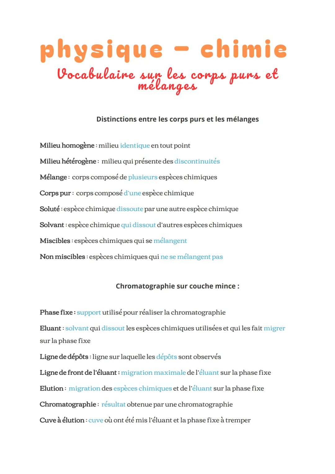 physique - chimic
Vocabulaire
sun
les
mélanges
corps purs et
Distinctions entre les corps purs et les mélanges
Milieu homogène : milieu iden