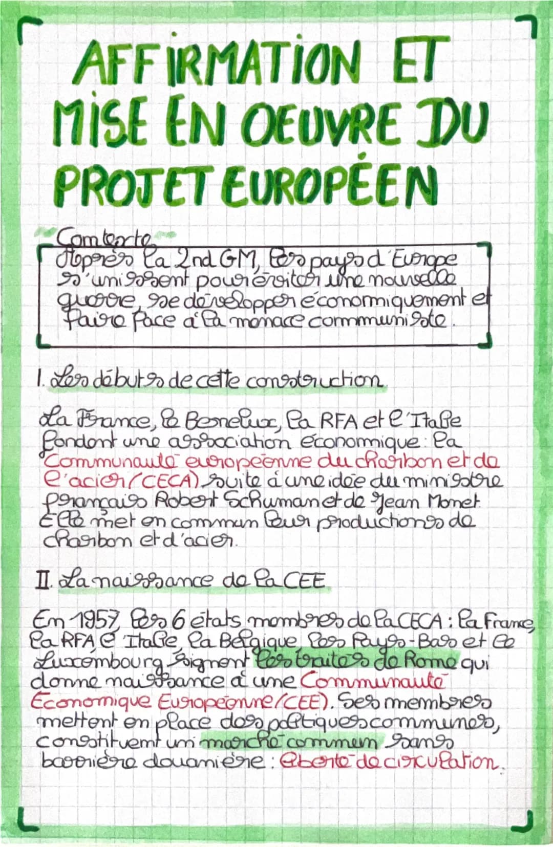 AFFIRMATION ET
MISE EN OEUVRE DU
PROJET EUROPÉEN
Comterte
opres la 2nd GM, les pays d'Europe
nient pour éviter une nouvelle
guerre, se dével