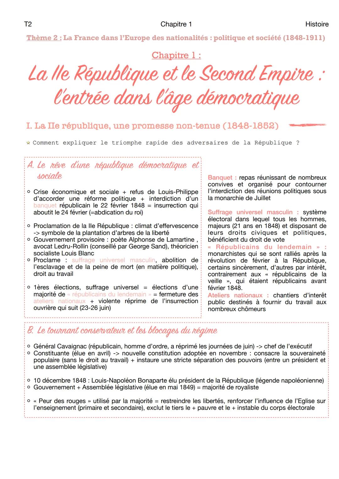 Chapitre 1
Thème 2 : La France dans l'Europe des nationalités : politique et société (1848-1911)
T2
Chapitre 1 :
La lle République et le Sec