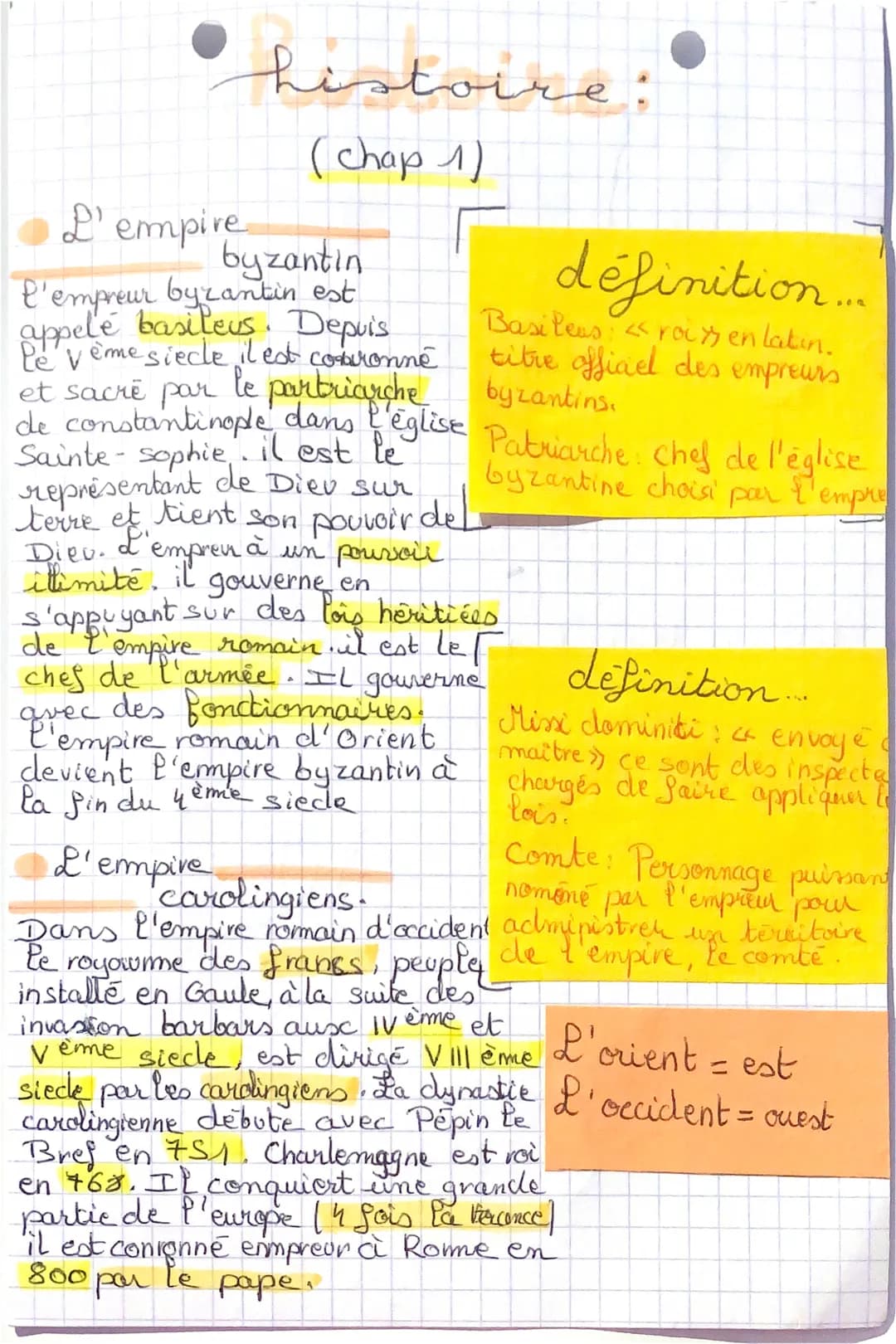 histoire;
(chap 1)
L'empire
byzantin
l'empreur byzantin est
appelé basileus. Depuis
le vême siecle il est couronné
et
le partriarche
de cons