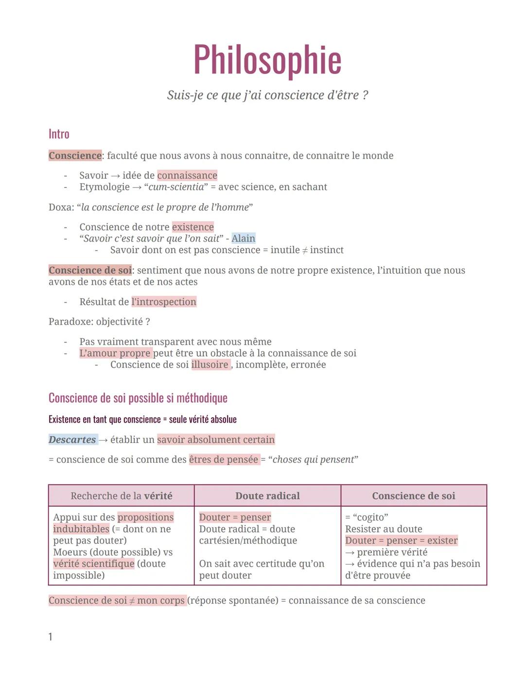Philosophie
Suis-je ce que j'ai conscience d'être ?
Intro
Conscience: faculté que nous avons à nous connaitre, de connaitre le monde
Savoir 