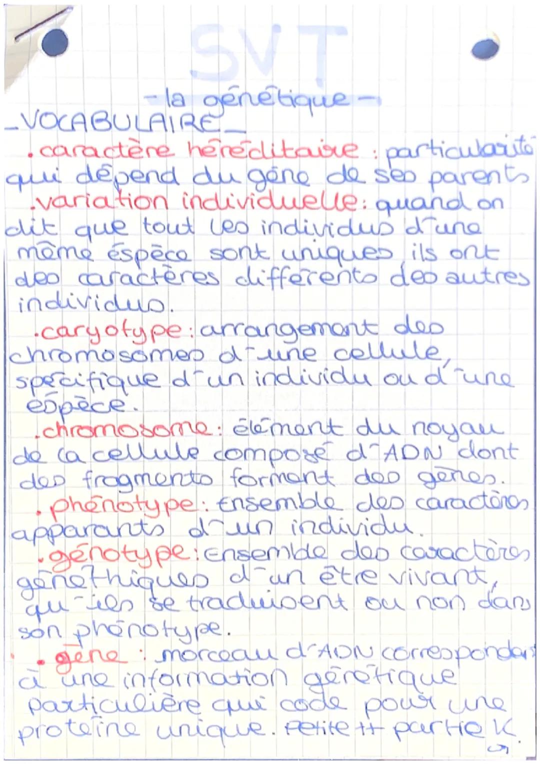 SVT
- la génétique -
_VOCABULAIRE.
caractère héréditaire particularite
qui dépend du gène de ses parents
variation individuelle: quand on
di