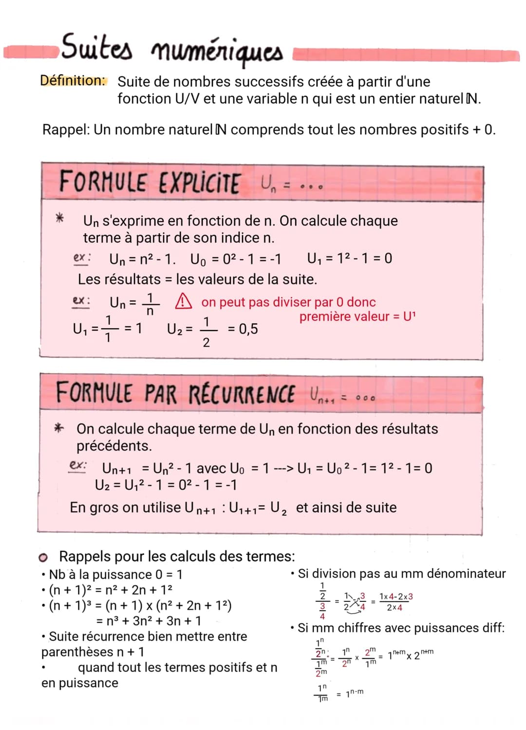 Sens de variation d'une suite
Définition: Une suite est une fonction.
Propriété:
On calcule donc Un+1- Un
* Si c'est supérieur à 0, (Un) est