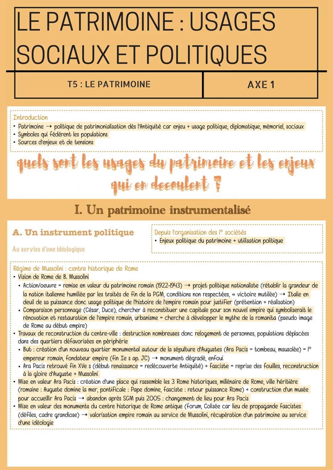 LE PATRIMOINE : USAGES
SOCIAUX ET POLITIQUES
T5: LE PATRIMOINE
Introduction
Patrimoine politique de patrimonialisation dès l'Antiquité car e