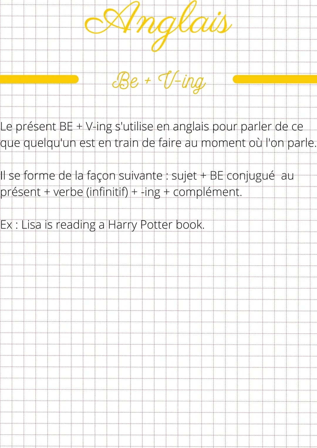 Anglais
Be + Ving
Le présent BE + V-ing s'utilise en anglais pour parler de ce
que quelqu'un est en train de faire au moment où l'on parle.
