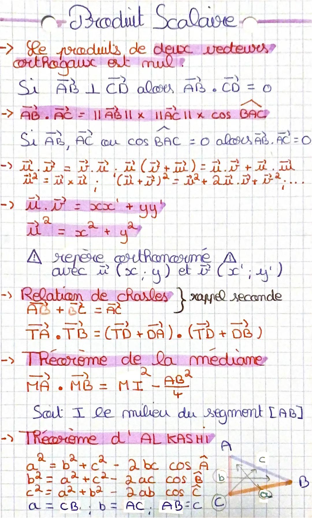 Broduit Scalave
-> Le produits de deux vecteurs.
orthogaux est mul?
Si AB 1 CD aloes AB.CD
-> AB. AC = 11 AB || x ||AC || X COS BACK
Si AB, 