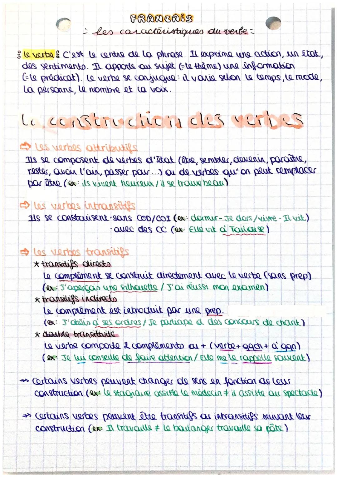 FRANCAIS
- les caractéristiques du verbe -
le verbe & C'est le centre de la phrase. Il exprime une action, un état,
des sentiments. Il appor