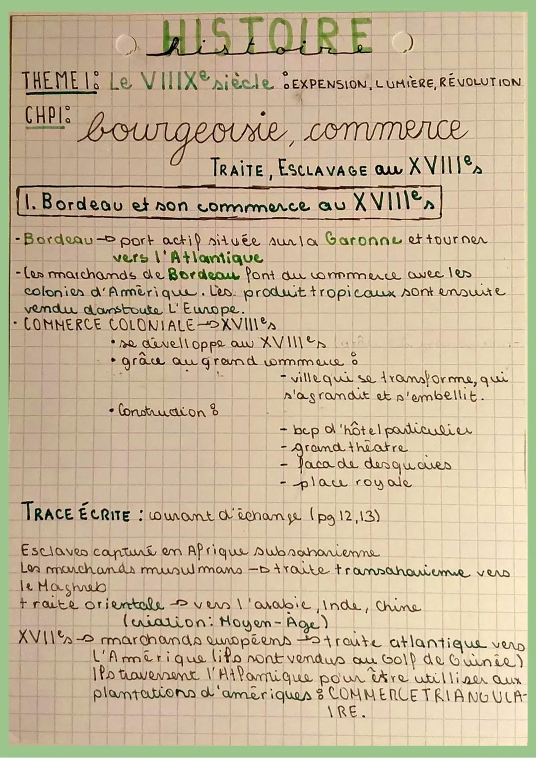 HISTOIRE
ist
O
(
THEME 1: Le VIIIX siècle EXPENSION, LUMIERE, RÉVOLUTION
CHPI:
• bourgeoisie, commerce
TRAITE, ESCLAVAGE au XVIIIes
1. Borde