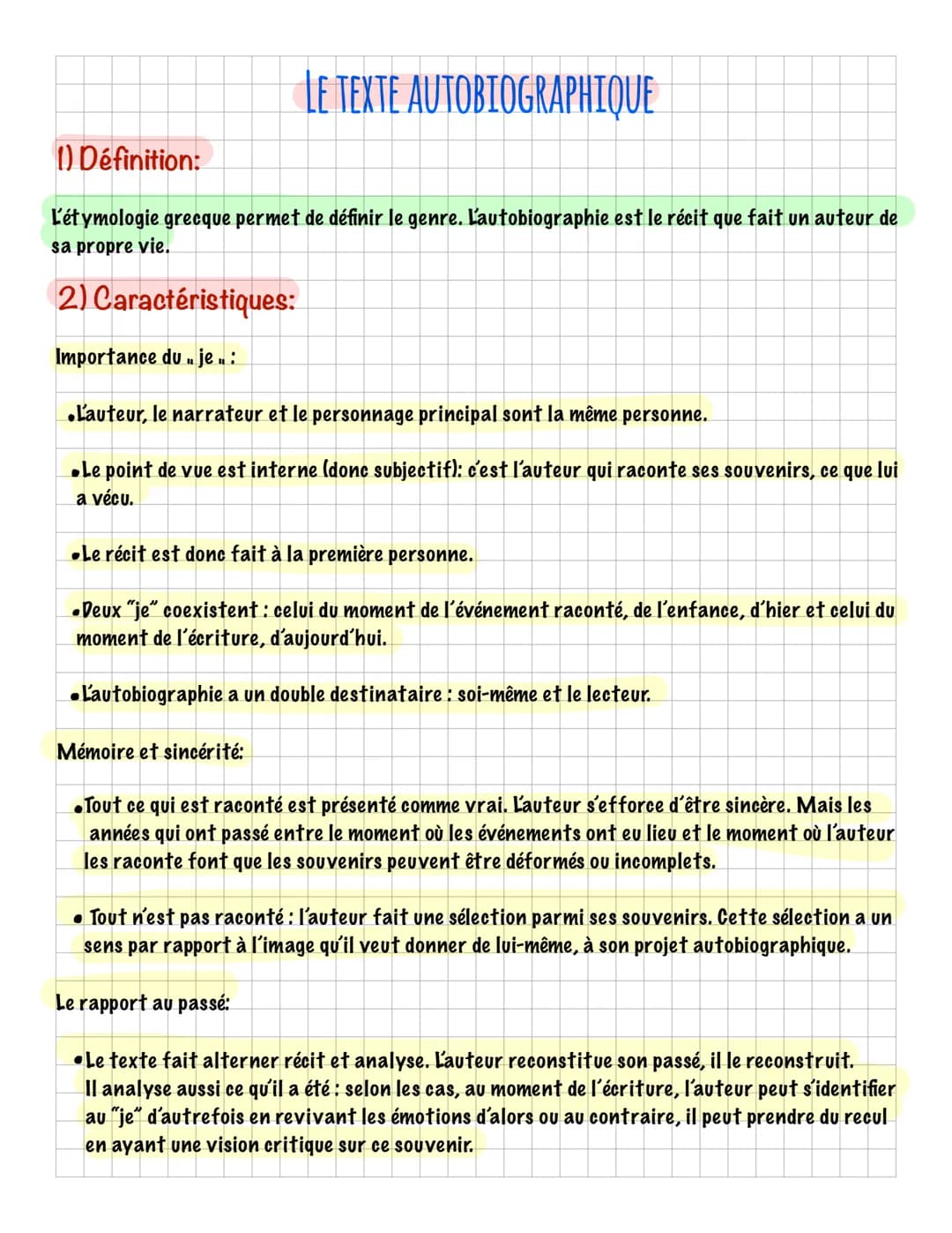 LE TEXTE AUTOBIOGRAPHIQUE
1) Définition:
L'étymologie grecque permet de définir le genre. L'autobiographie est le récit que fait un auteur d